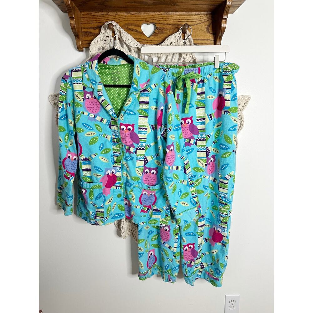 Nick & Nora Y2K Vintage Cotton Flannel Owl Pajama Set Size Large